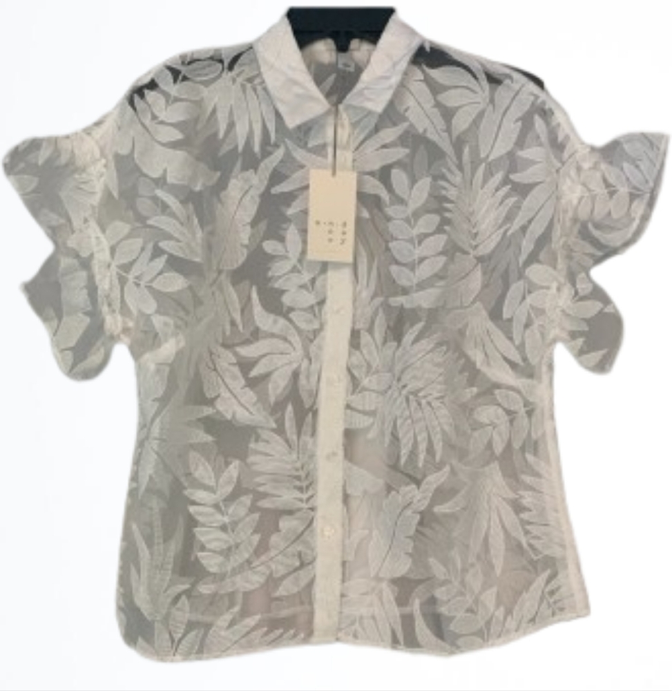 A NEW DAY Sheer White Boho Button Front Top With A Bold Tropical Pattern NWT - Picture 4 of 9